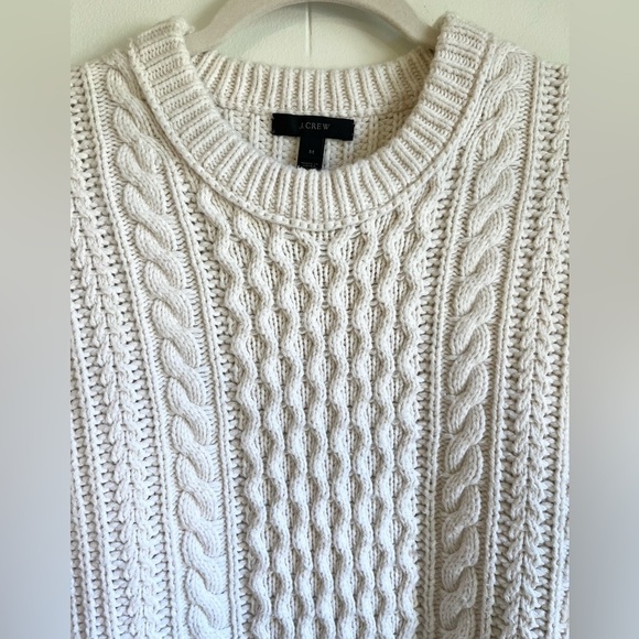 J. Crew Cable Knit Fringe Slit Ivory Cotton Wool Blend Tunic Sweater Sz Med - Picture 2 of 10